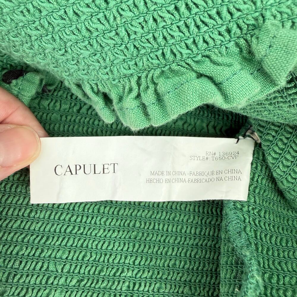 Capulet Gracia Smocked Puffed Sleeve Linen Cotton Green Carnivale Print Crop Top - Picture 13 of 13